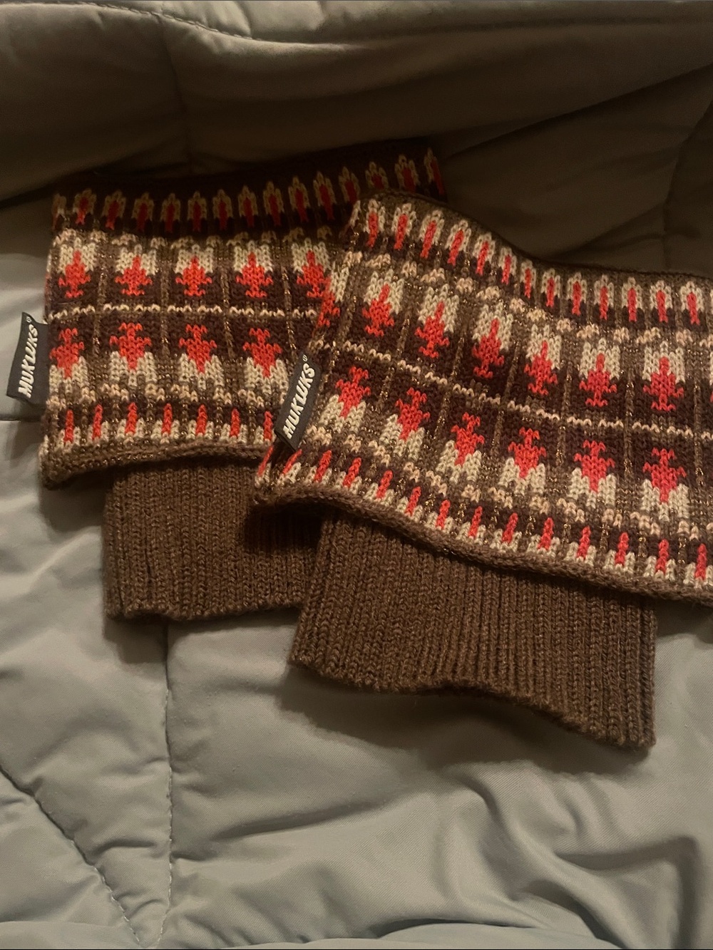Never Warn Muk Luks Brown with Red and Cream Fair Isle Knit Leg Warmersw